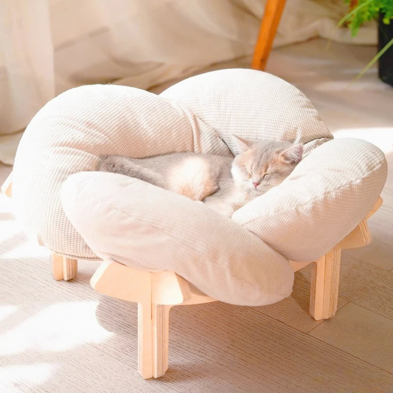 Luxury Sturdy Solid Wood Cat Lounge Chair Indoor Pet Furniture Plush Pad Raised Bed for Cats